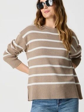 J. Crew Taupe and White Striped Crewneck Sweater